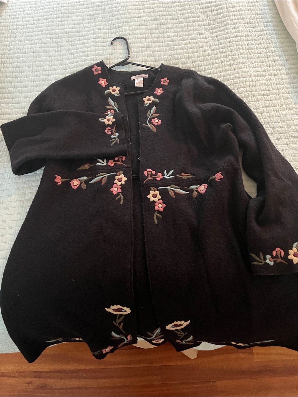 Embroidered Black Open-Front Cardigan Sweater
